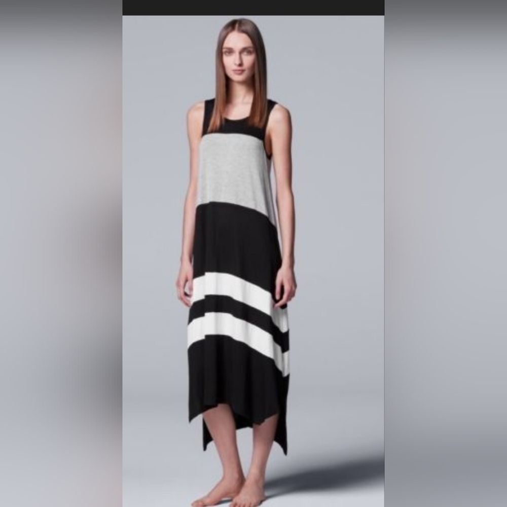 SIMPLY VERA Maxi Dress Sz M Vera Wang Black, Gray & White Striped With Pockets